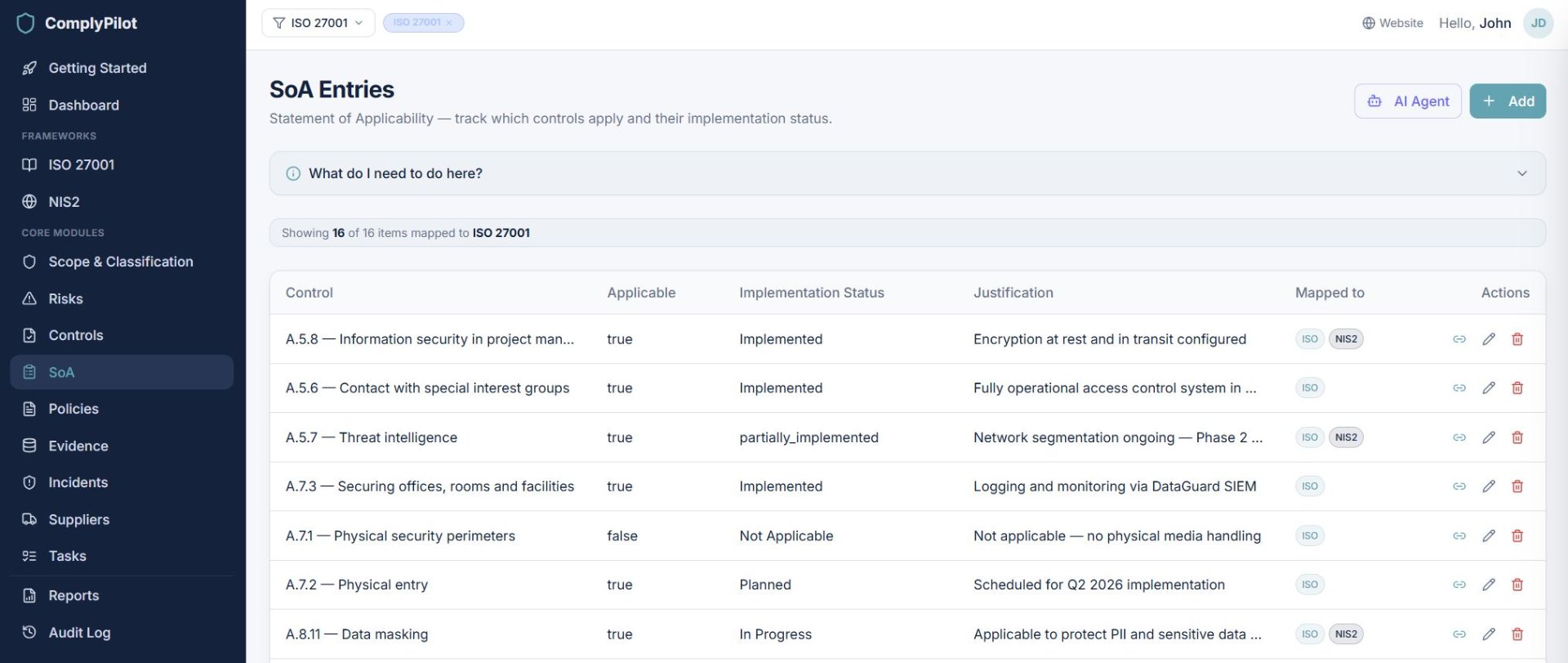 Statement of Applicability screenshot